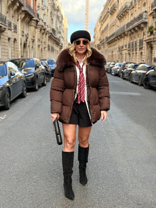 Doudoune cintré col fourrure en Choco 7667