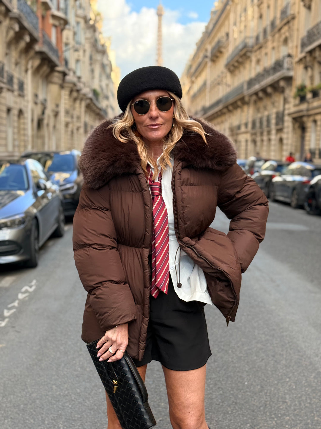 Doudoune cintré col fourrure en Choco 7667
