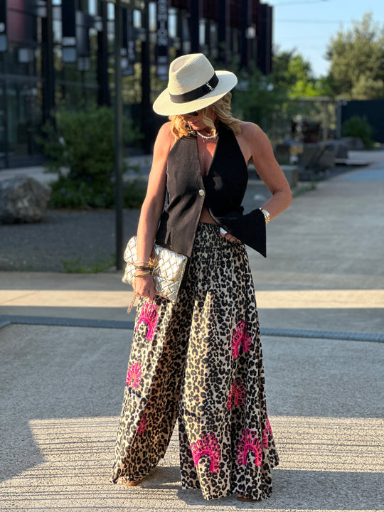 Pantalon léopard brodée fushia (Sojy)