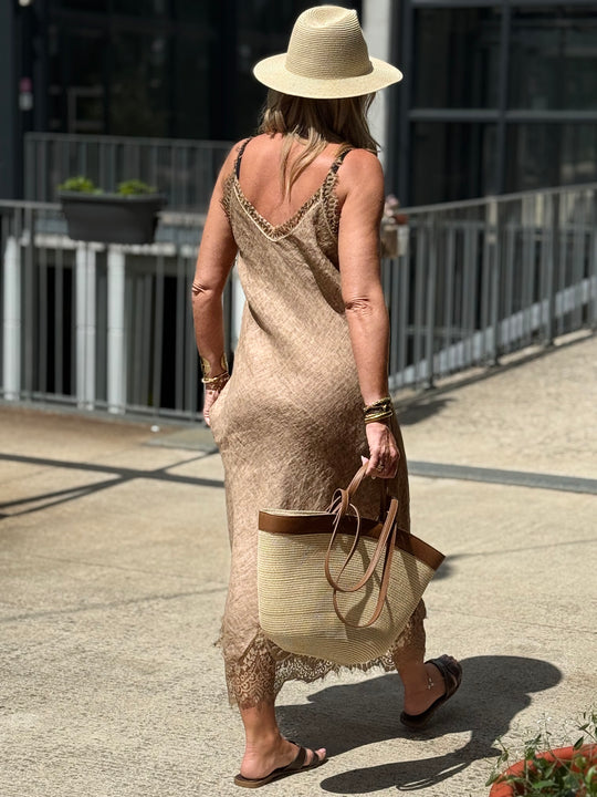Robe lin aux dentelle 26700 Camel