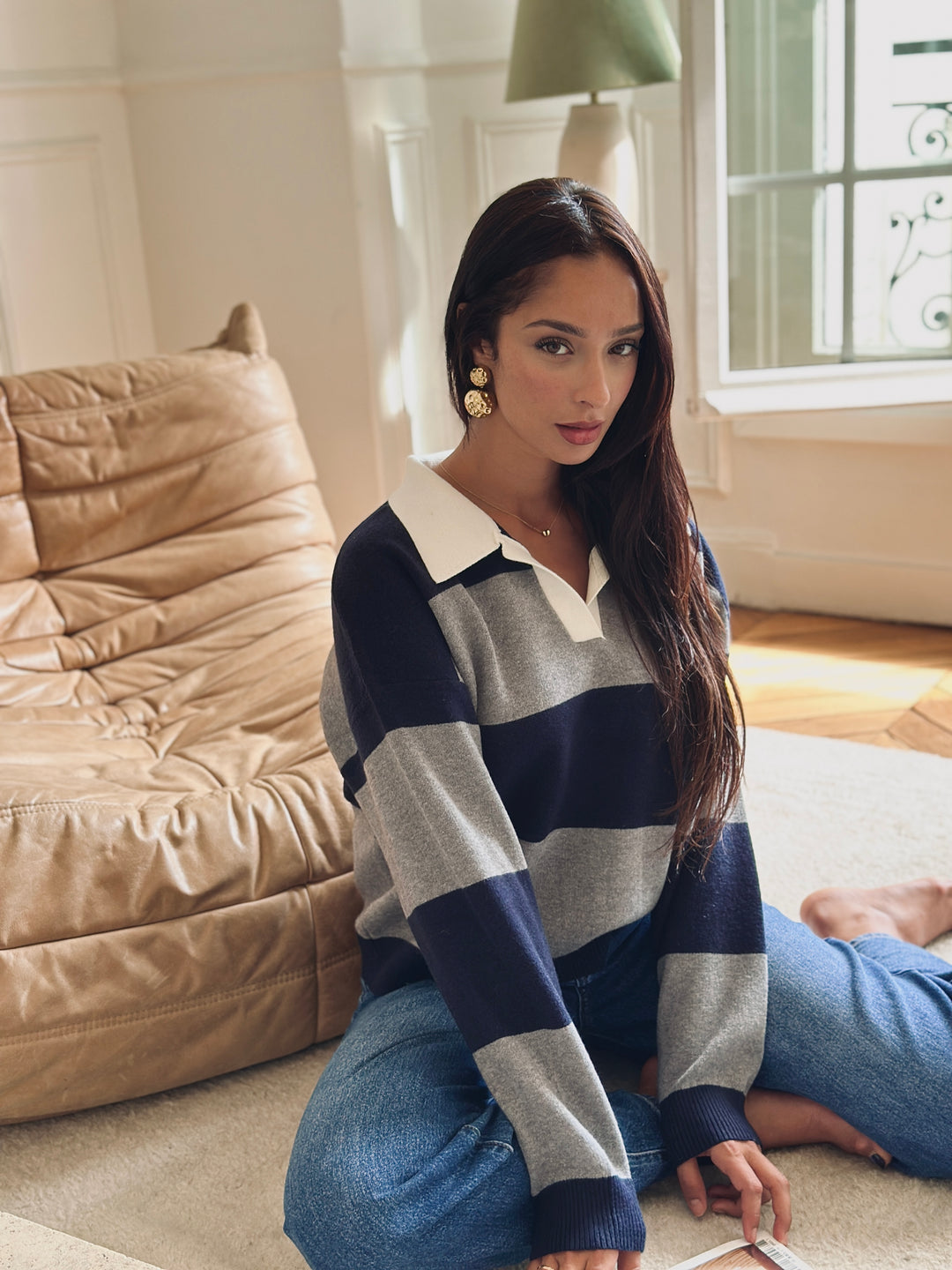 Pull rayé col ouvert YU653 Marine