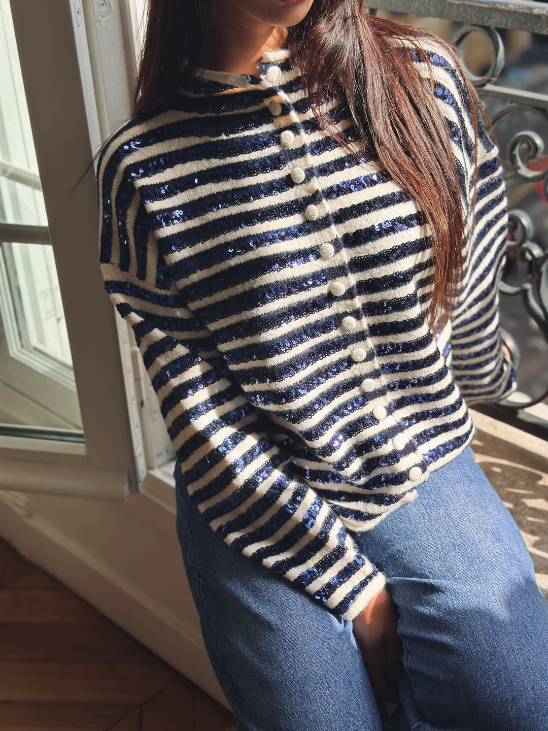 Gilet rayé bleu et beige avec sequin A/W 25