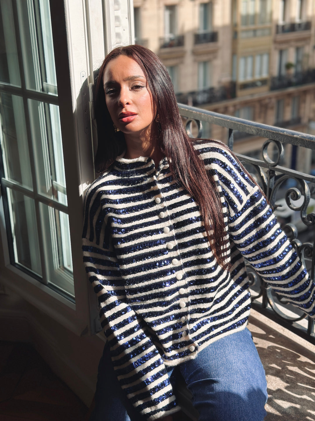 Gilet rayé bleu et beige avec sequin A/W 25