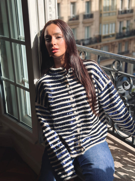 Gilet rayé bleu et beige avec sequin A/W 25