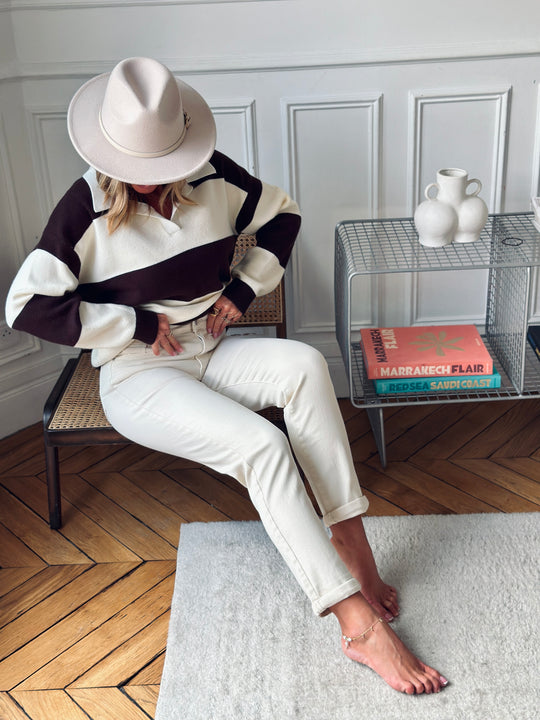 Pull rayé col ouvert YU653 Choco