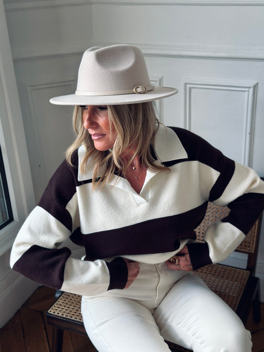 Pull rayé col ouvert YU653 Choco