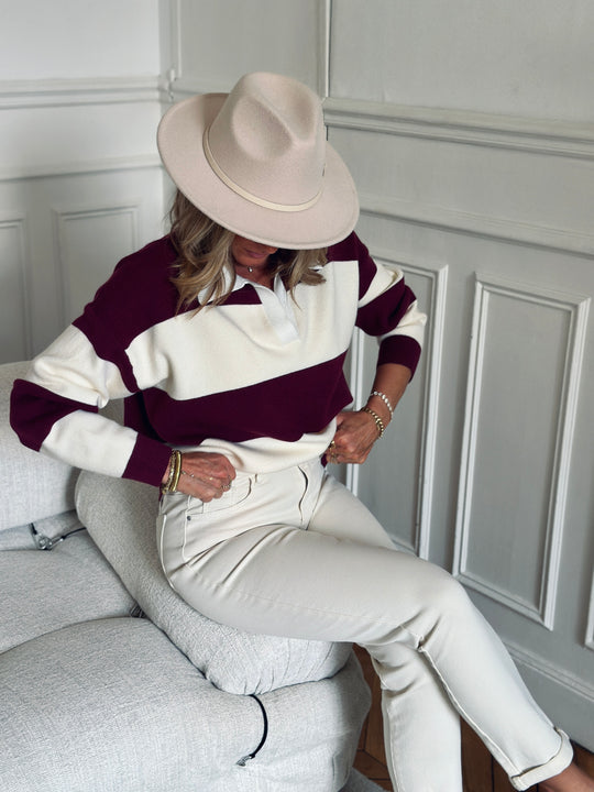 Pull rayé col ouvert YU653 Bordeaux