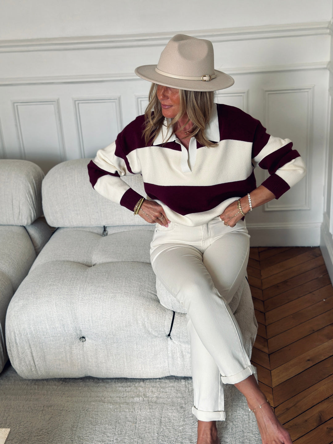 Pull rayé col ouvert YU653 Bordeaux