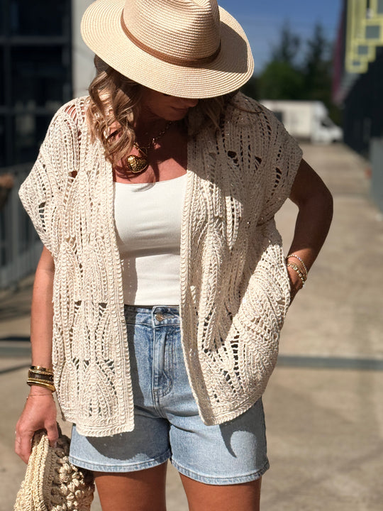 Gilet crochet aux perles beige (sans manches) 88061