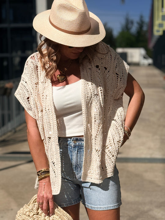 Gilet crochet aux perles beige (sans manches) 88061