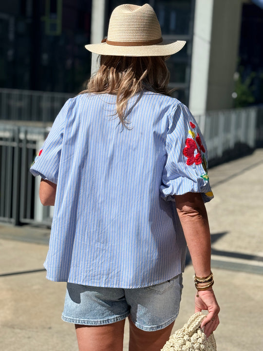 Chemise rayures manches bouffantes brodées 6550