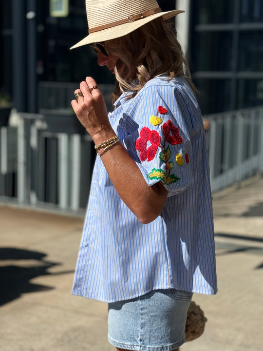 Chemise rayures manches bouffantes brodées 6550