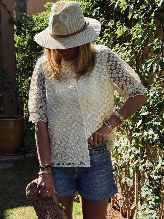 Blouse florale dentelle doublée manches courtes écru 3280 (grande taille)