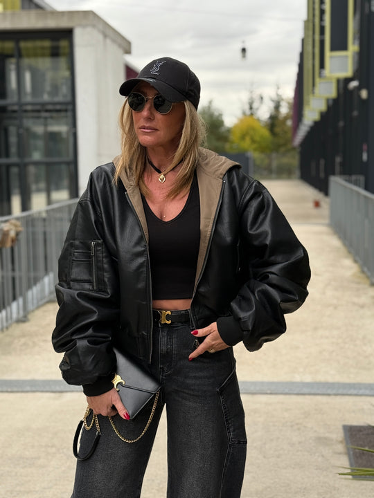 Veste similicuir noir capuche kaki 202296 (réversible)