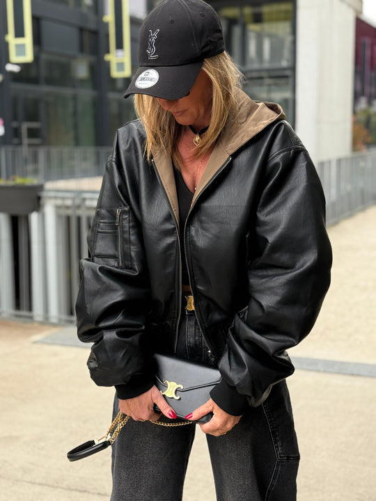 Veste similicuir noir capuche kaki 202296 (réversible)