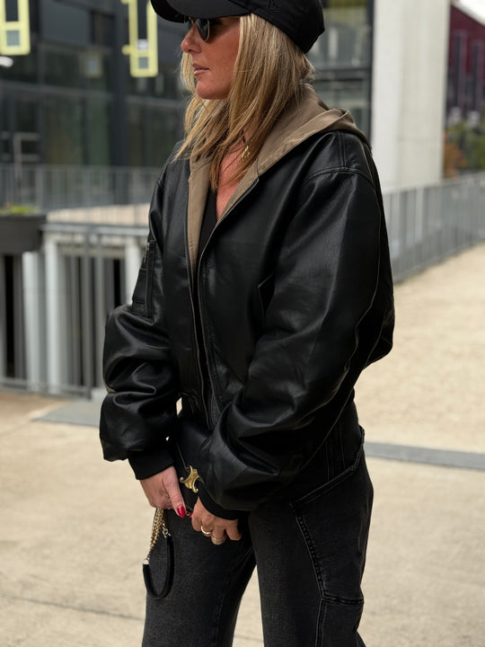 Veste similicuir noir capuche kaki 202296 (réversible)