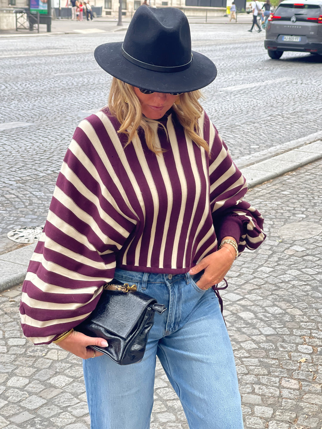Pull rayures manches papillons violet