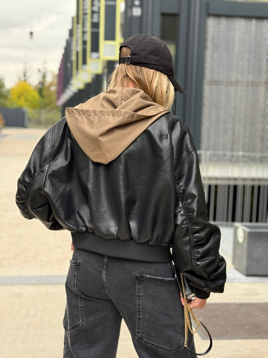 Veste similicuir noir capuche kaki 202296 (réversible)