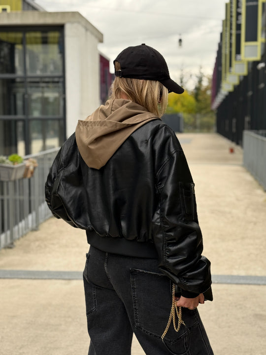 Veste similicuir noir capuche kaki 202296 (réversible)
