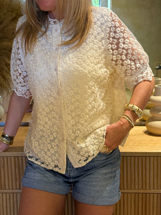 Blouse florale dentelle doublée manches courtes écru 3280 (grande taille)