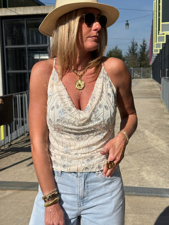 Top beige fines bretelles brodé H019