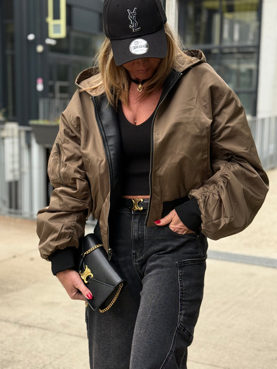 Veste similicuir noir capuche kaki 202296 (réversible)