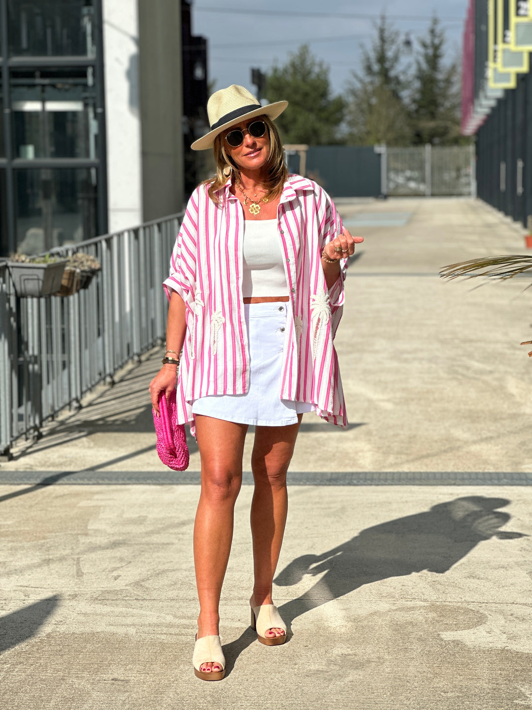 Chemise rayure rose palmiers