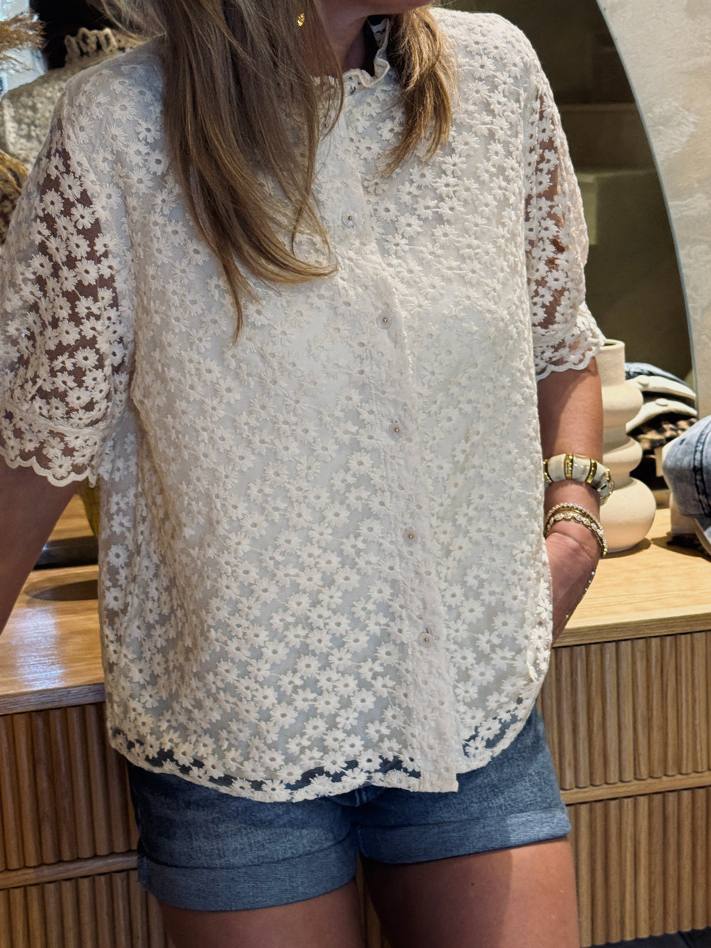 Blouse florale dentelle doublée manches courtes écru 3280 (grande taille)