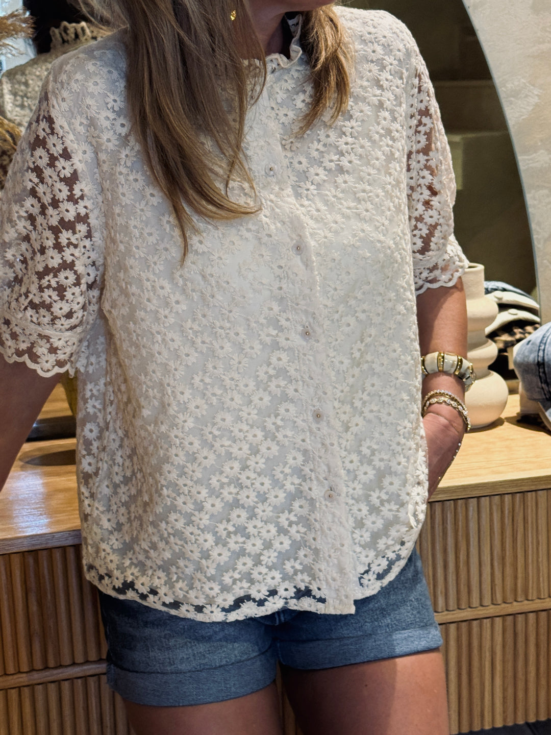 Blouse florale dentelle doublée manches courtes écru 3280 (grande taille)