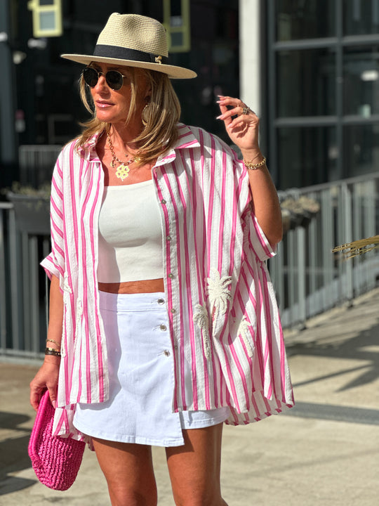 Chemise rayure rose palmiers