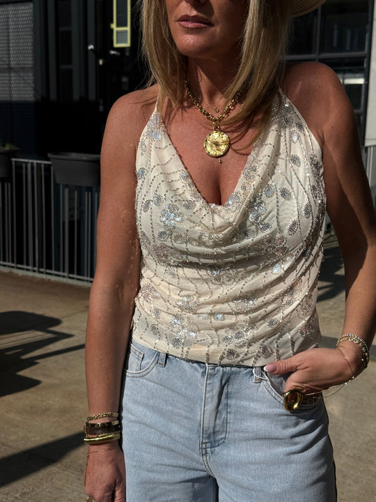 Top beige fines bretelles brodé H019