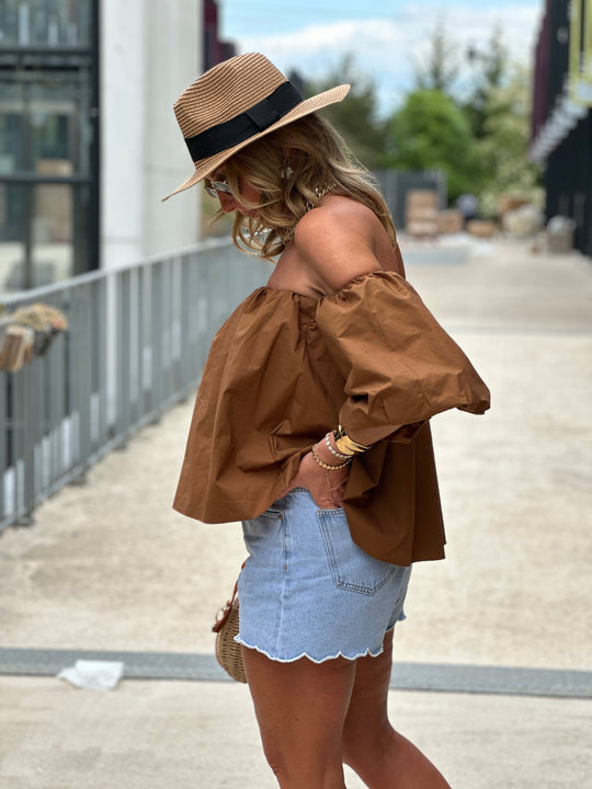 Blouse bustier boufffante manches Camel