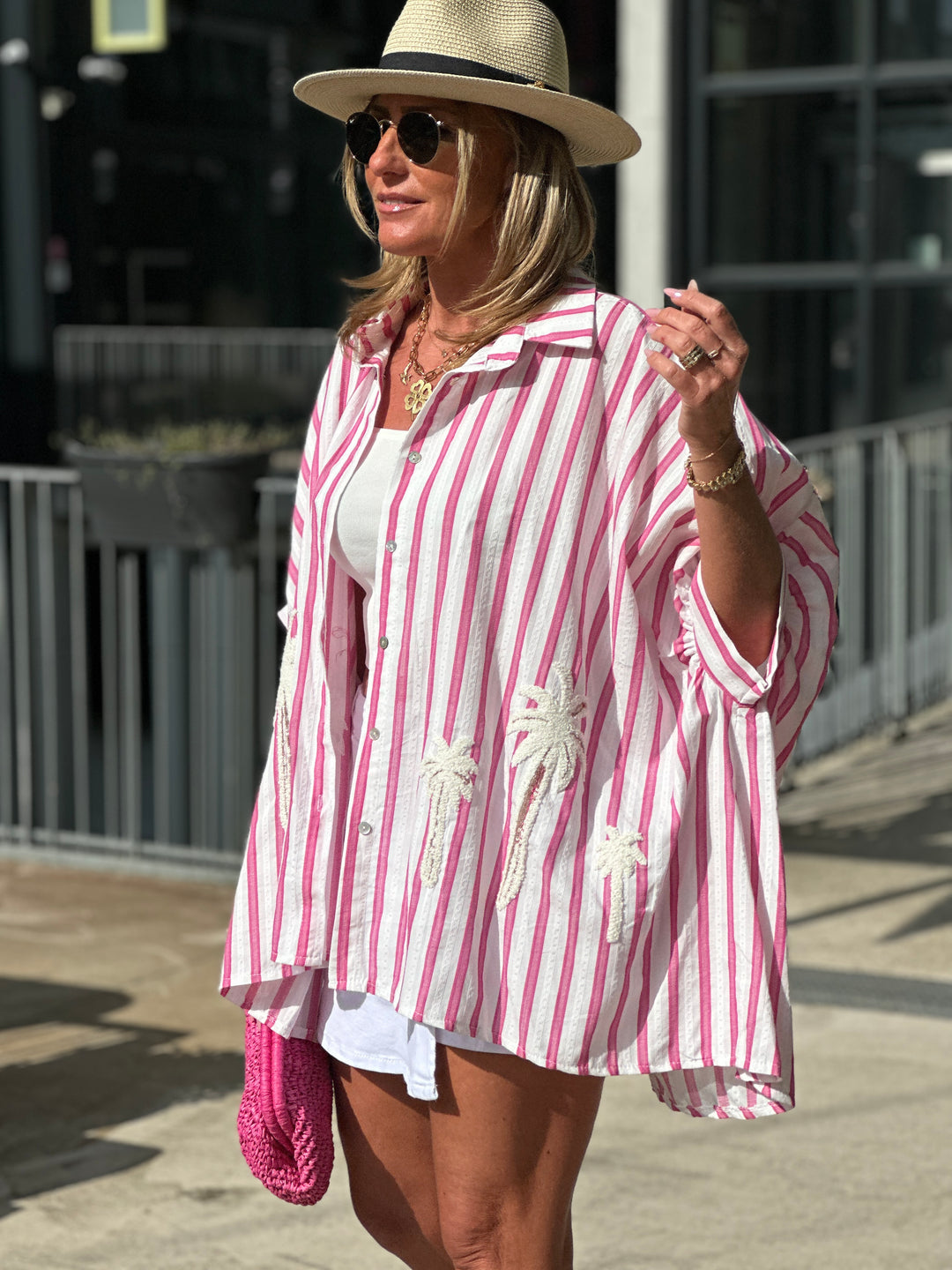 Chemise rayure rose palmiers