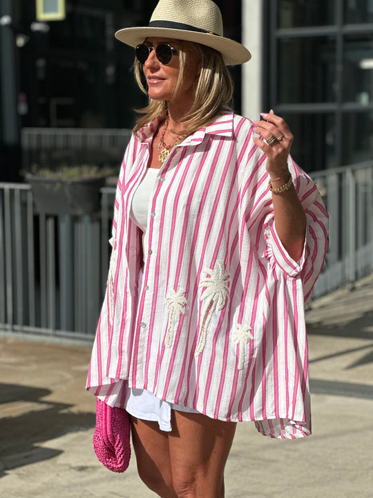 Chemise rayure rose palmiers