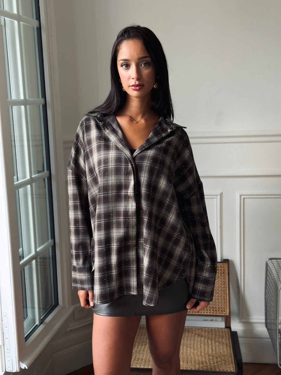 Chemise carreaux marron beige avec strass cloutés WM2525