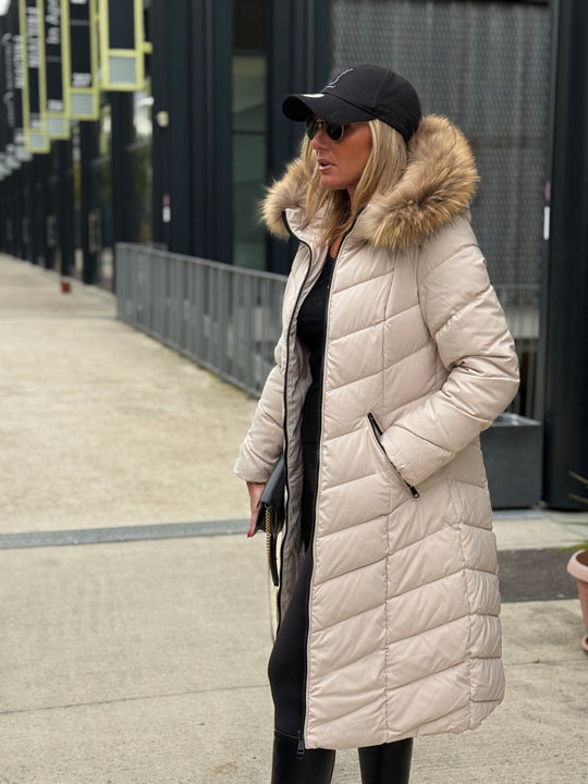 Doudoune milong capuche fourrure authentique Beige 8243(taille petit )