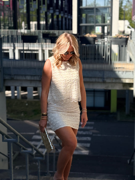 Ensemble strass top+ jupe BEIGE 1004 / 1003 (taille petit)