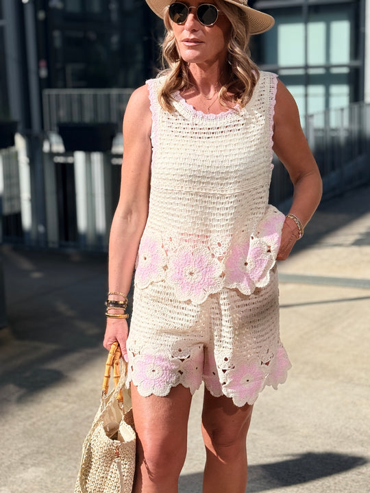 Ensemble crochet fleuri rose 3337+3338