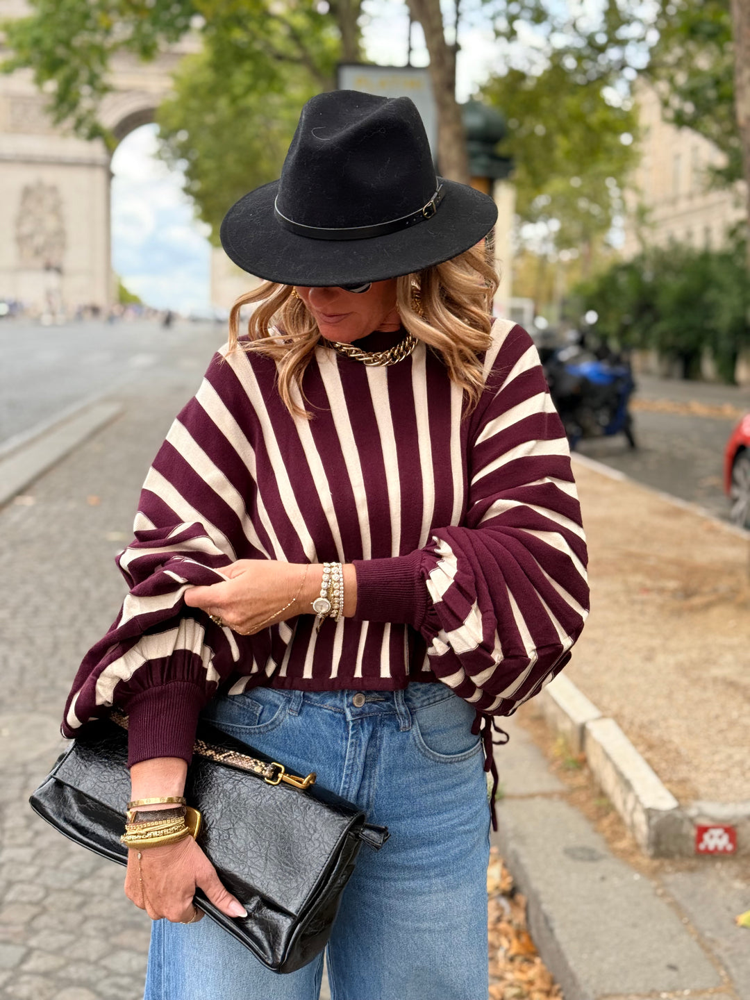 Pull rayures manches papillons violet