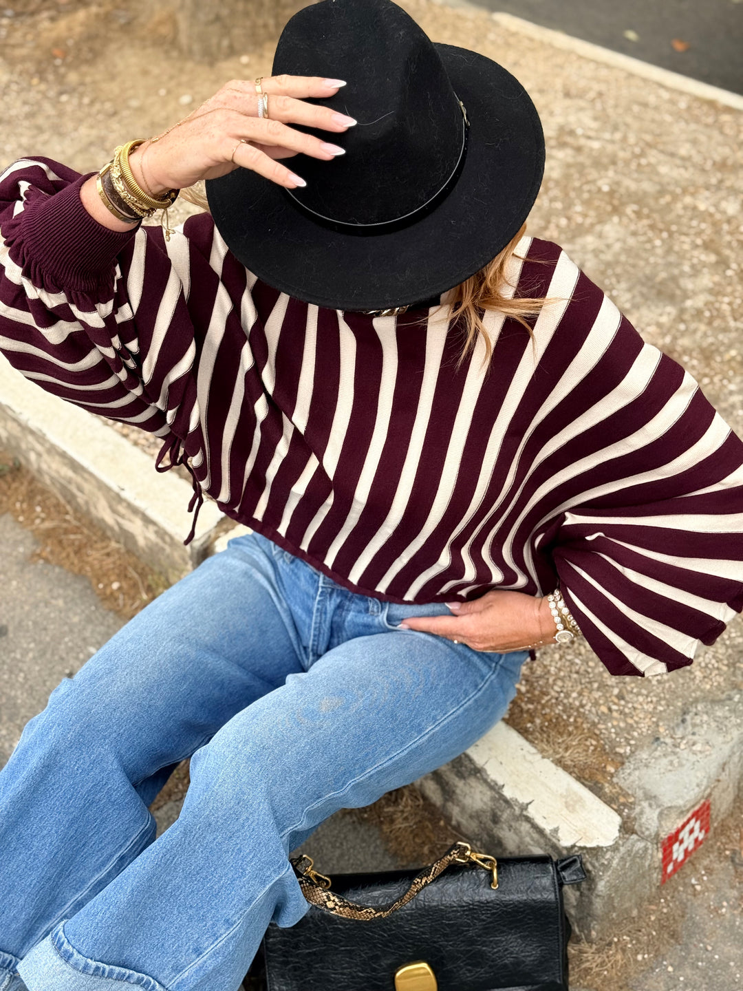 Pull rayures manches papillons violet