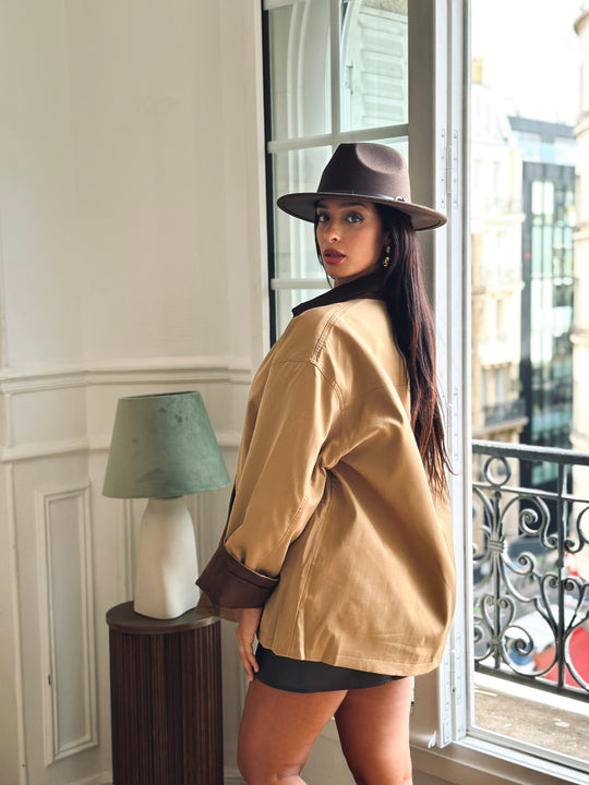 Veste camel col et manches effet velour choco 3206