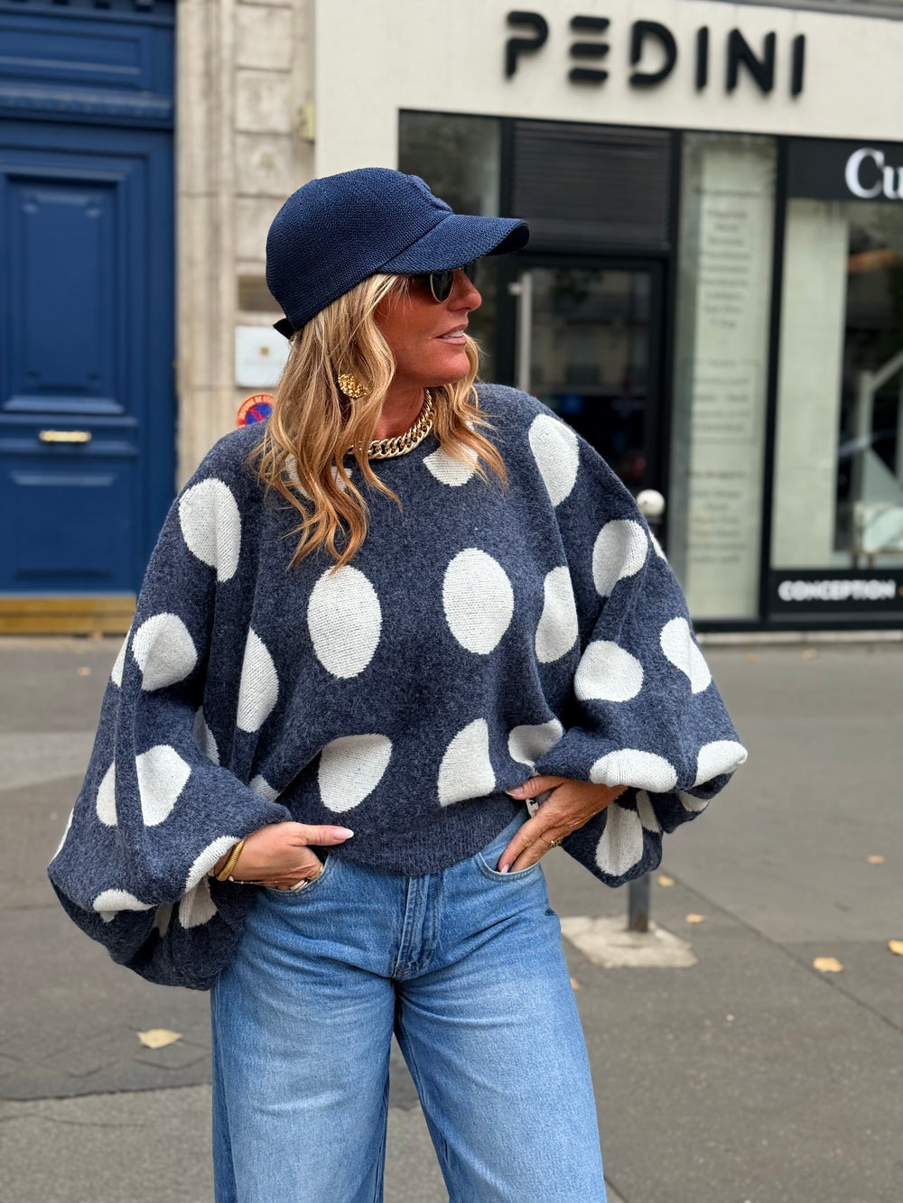 Pull manches bouffantes à pois Bleu 5541