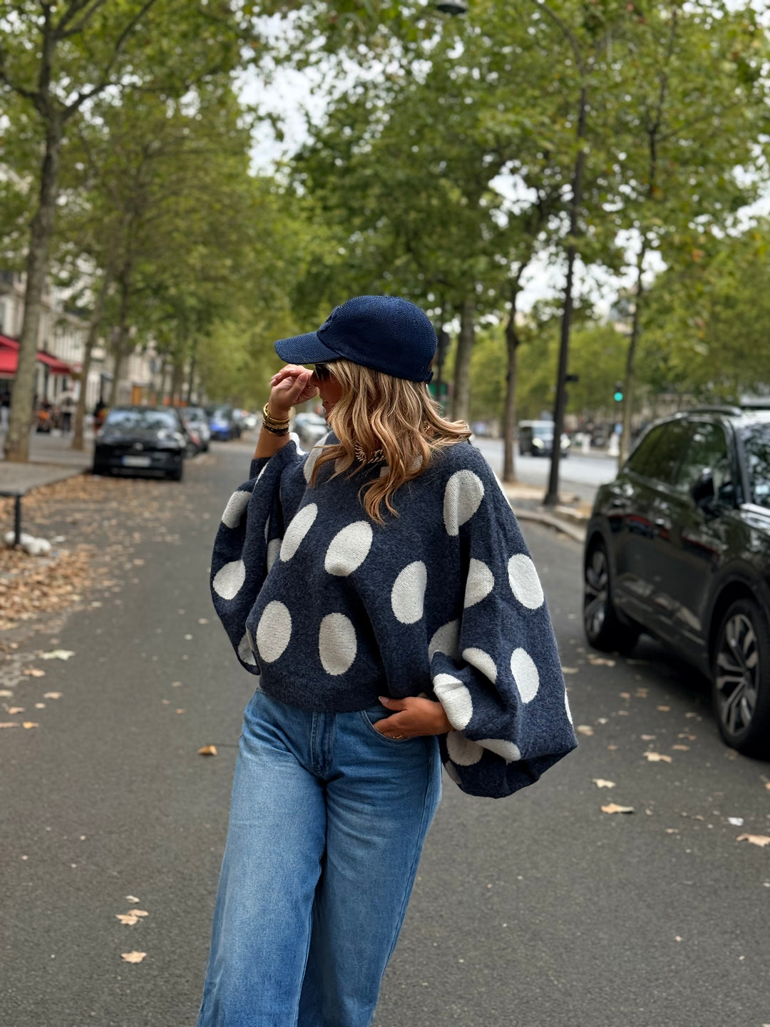 Pull manches bouffantes à pois Bleu 5541