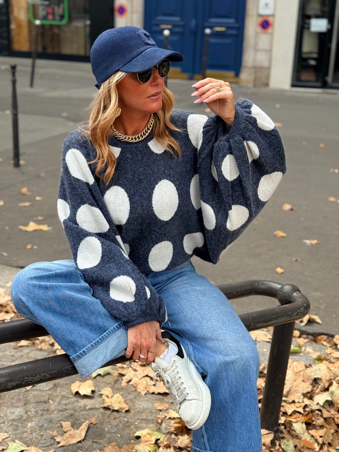 Pull manches bouffantes à pois Bleu 5541
