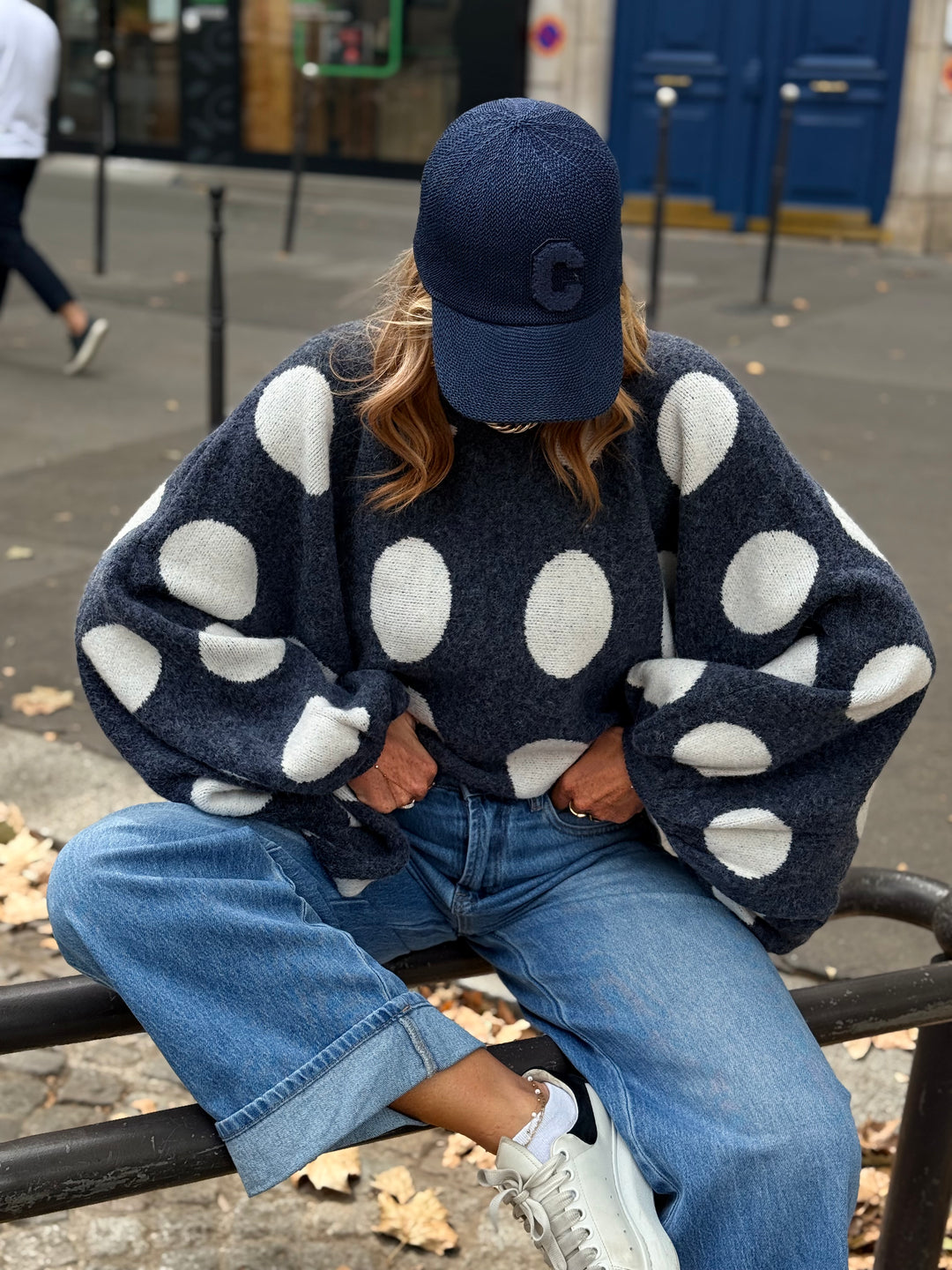Pull manches bouffantes à pois Bleu 5541