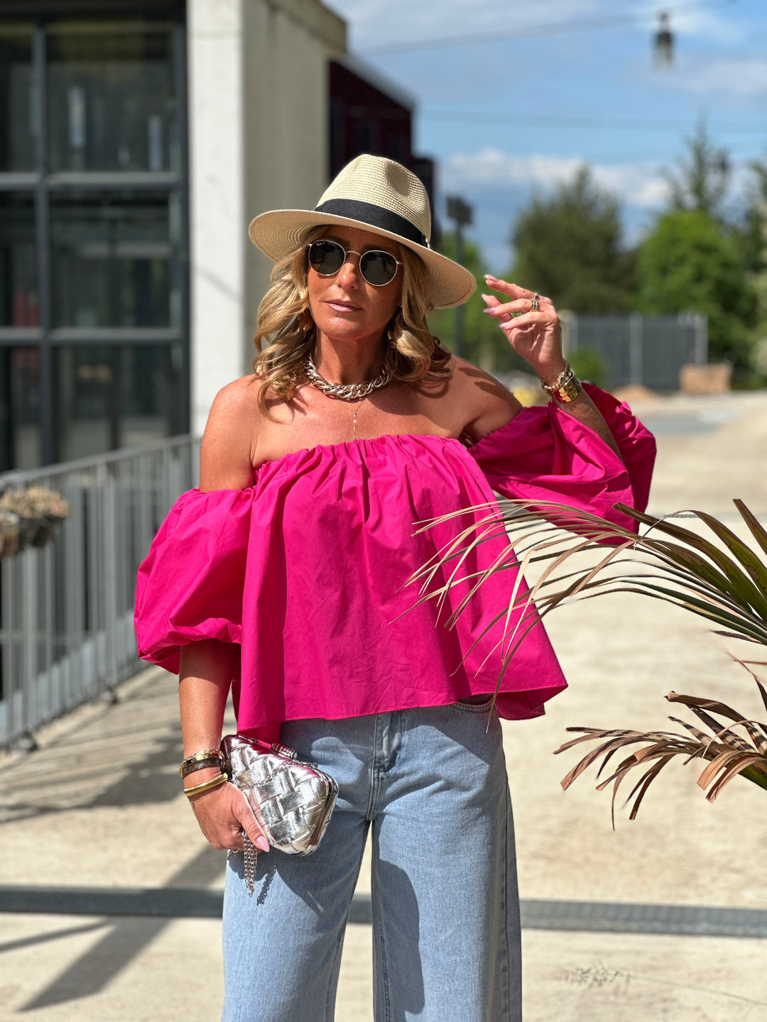 Blouse bustier boufffante manches Fushia