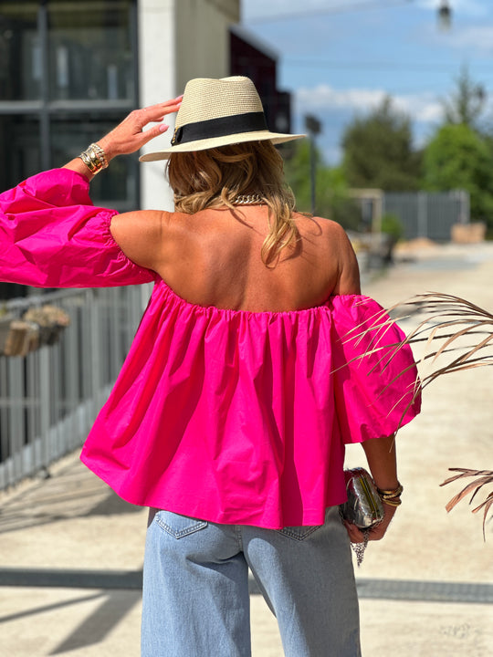 Blouse bustier boufffante manches Fushia