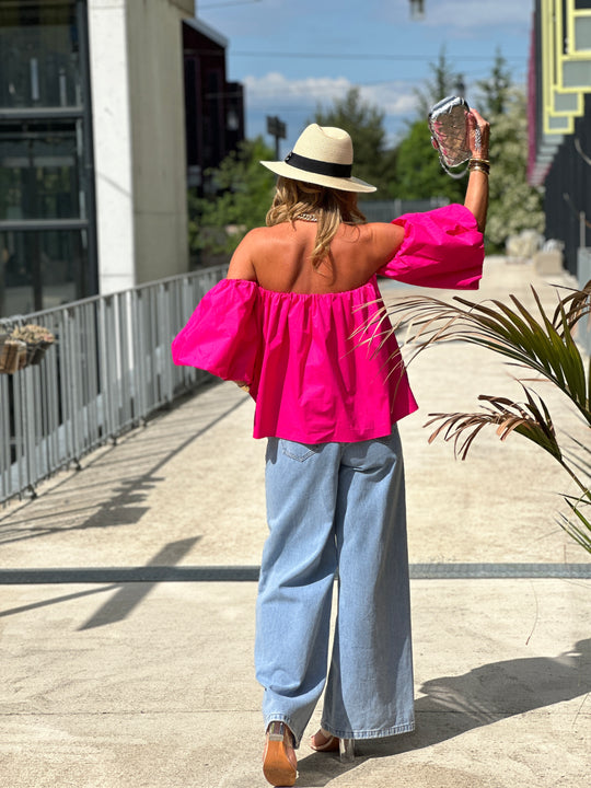 Blouse bustier boufffante manches Fushia