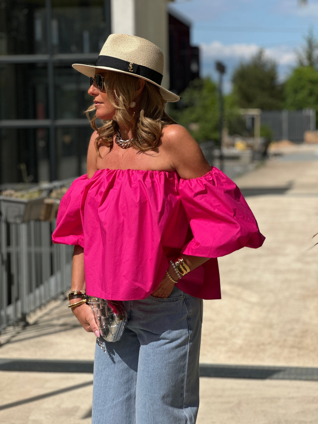 Blouse bustier boufffante manches Fushia