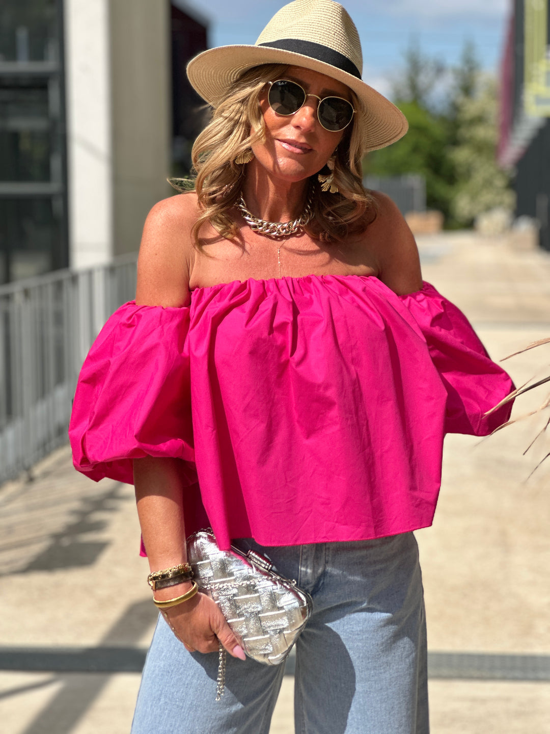Blouse bustier boufffante manches Fushia